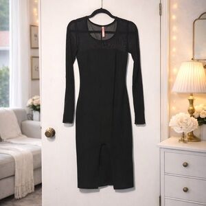 ✨ Black Bodycon Midi Dress with Sheer Mesh Sleeves | Party Dress Size 8